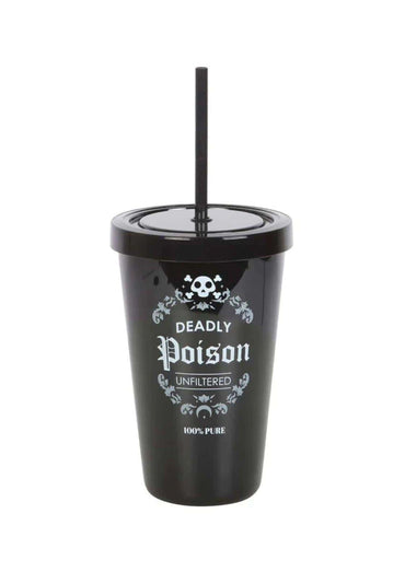 Schwarzer tödliches gift tumbler mit passendem deckel und stroh in gotischem design und dunkler ästhetik