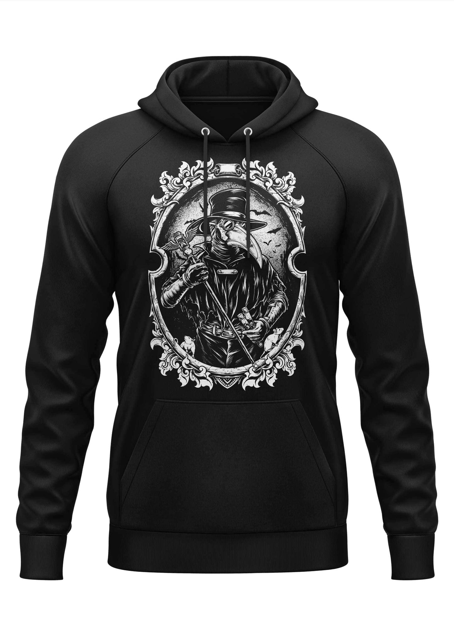 Schwarzer hoodie mit detailliertem weißen grafikdesign eines pestarztes in einem gotischen ovalrahmen horror bitte