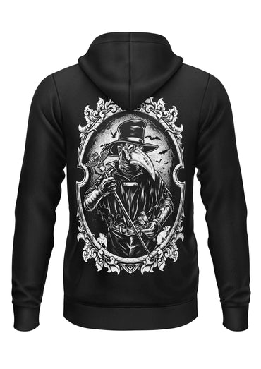Schwerer unisex-zipper aus recyceltem polyester mit weißem plague doctor motiv im ornamentalen ovalrahmen