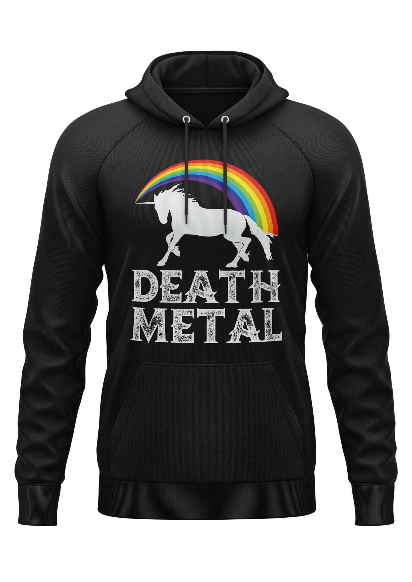 Schwarzer hoodie mit weißem einhorn und regenbogenbogen und death metal schriftzug in metallischem silber für gothic fans