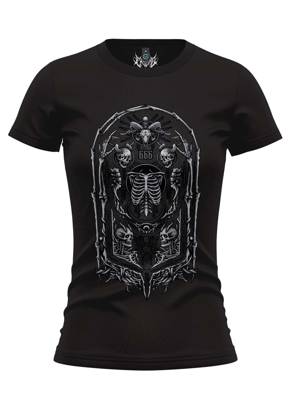Hochwertiges girlieshirt deathball mit schwarzem skulldesign nummer 666 und gotischen bogen aus silberton