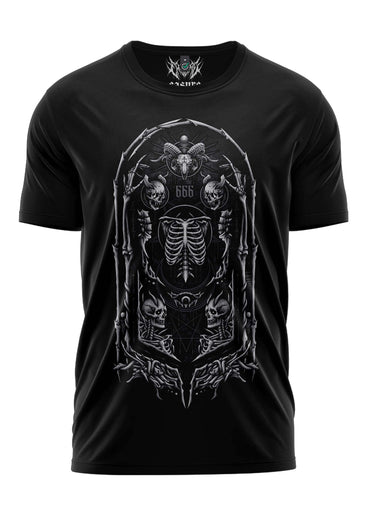 Schweres unisex shirt deathball in schwarz mit weißem skelettdesign und 666 logo langlebiger digitaldruck gaia lizenzierte bekleidung