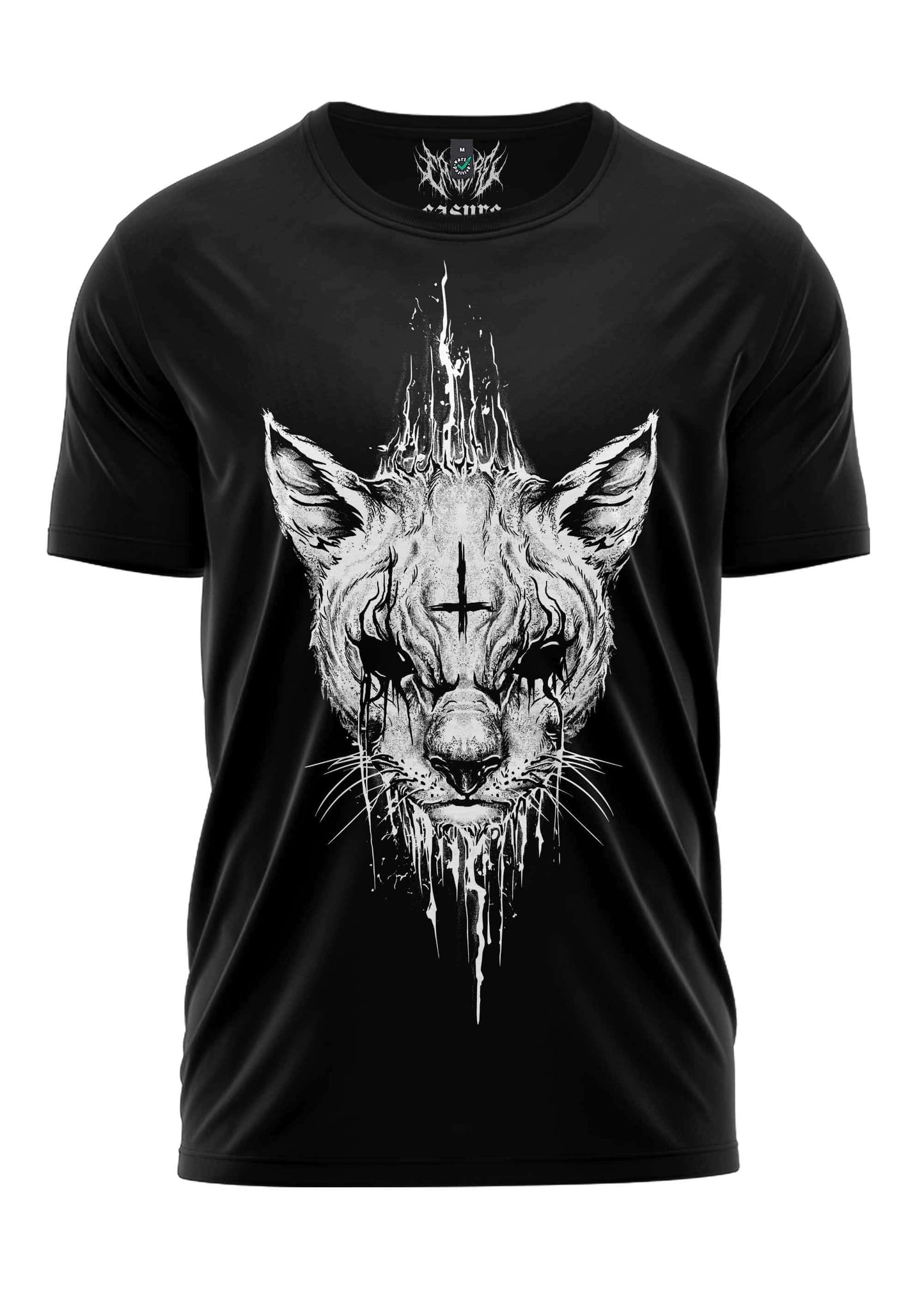 Schwarzes gothic t-shirt mit kurzem arm und weißem horror demon cat motiv mit kreuz auf der stirn