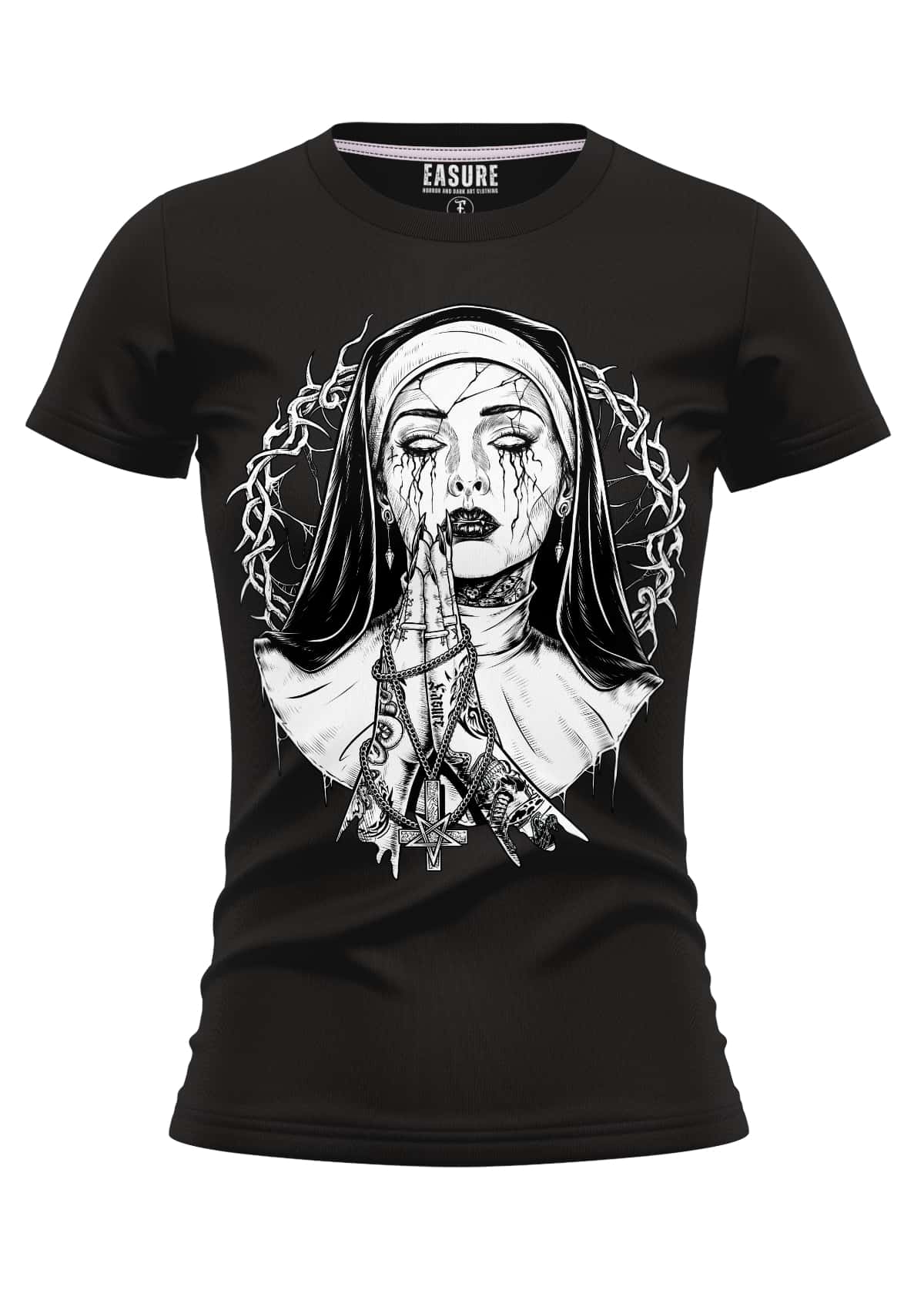 Black cotton gothic t-shirt called demon nun featuring detailed horror graphic of a nun with thorns and tattoos