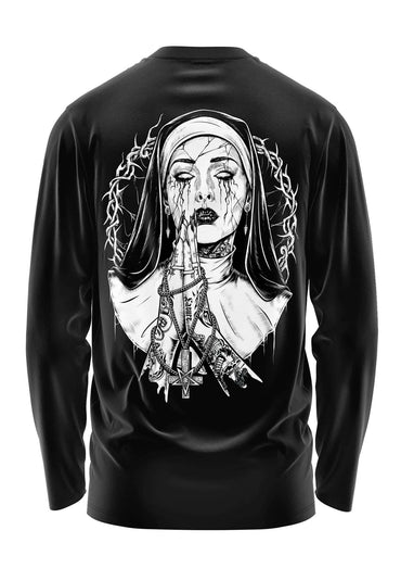 Schweres unisex t-shirt demon nun in schwarz mit detailreichem schwarz-weiß grafiken aus biologischer baumwolle und strapazierfähigem stoff