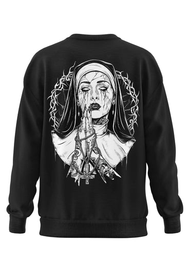 Schweres unisex sweatshirt aus recyceltem polyester mit strapazierfähigem stoff und gothischem nonnenmotiv in schwarz weiß