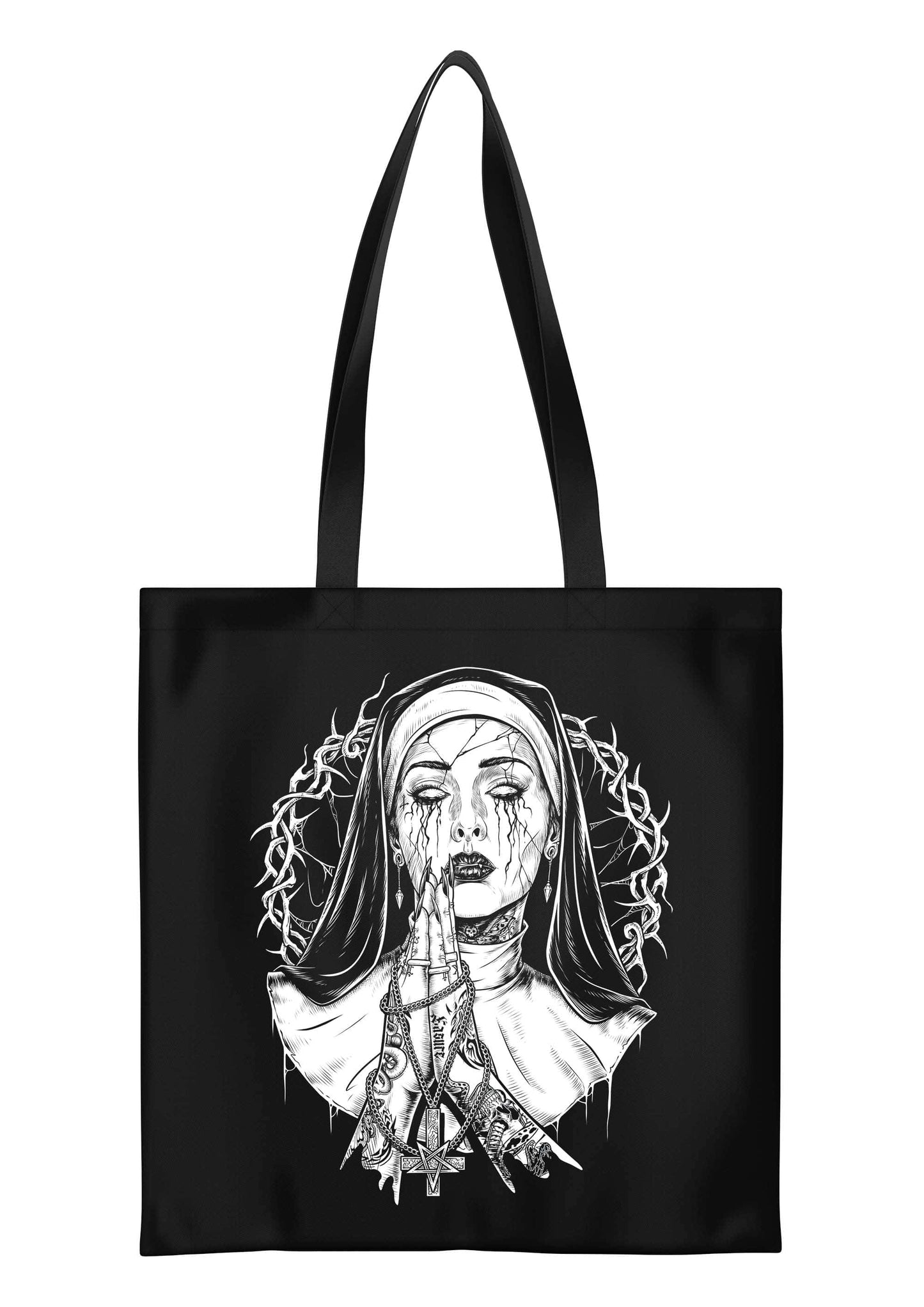 Schwarzer demon nun tote bag mit detailreicher schwarz-weißer illustration, strapazierfähiger stoff, vegane bio-baumwollbeutel, fair produziert