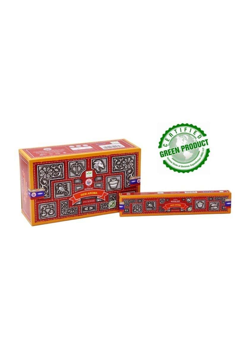 Rotes und goldenes rechteckiges desi aroma satya räucherstäbchenbox mit gothischen schwarzen mustern und sri archa banner