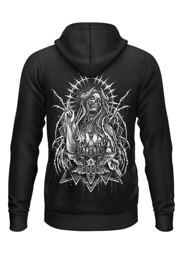 Schwarzer schwerer unisex hoodie devil´s prayer mit weißem schriftlichen backprint gaia lizenzierte bekleidung