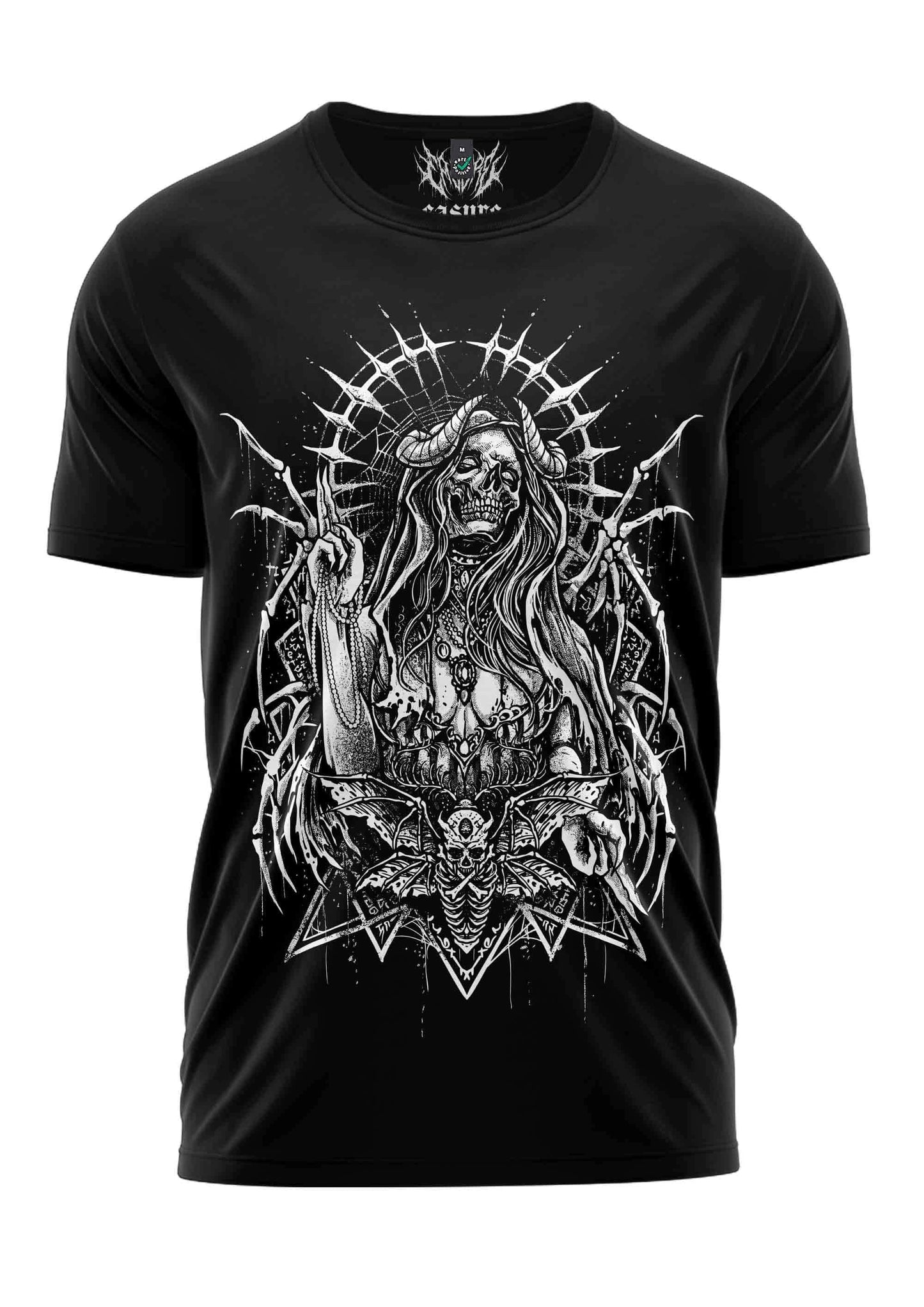 Schwarzes gothic shirt devil´s prayer mit weißem schnörkeligem skelett mit hörnern und langen haaren