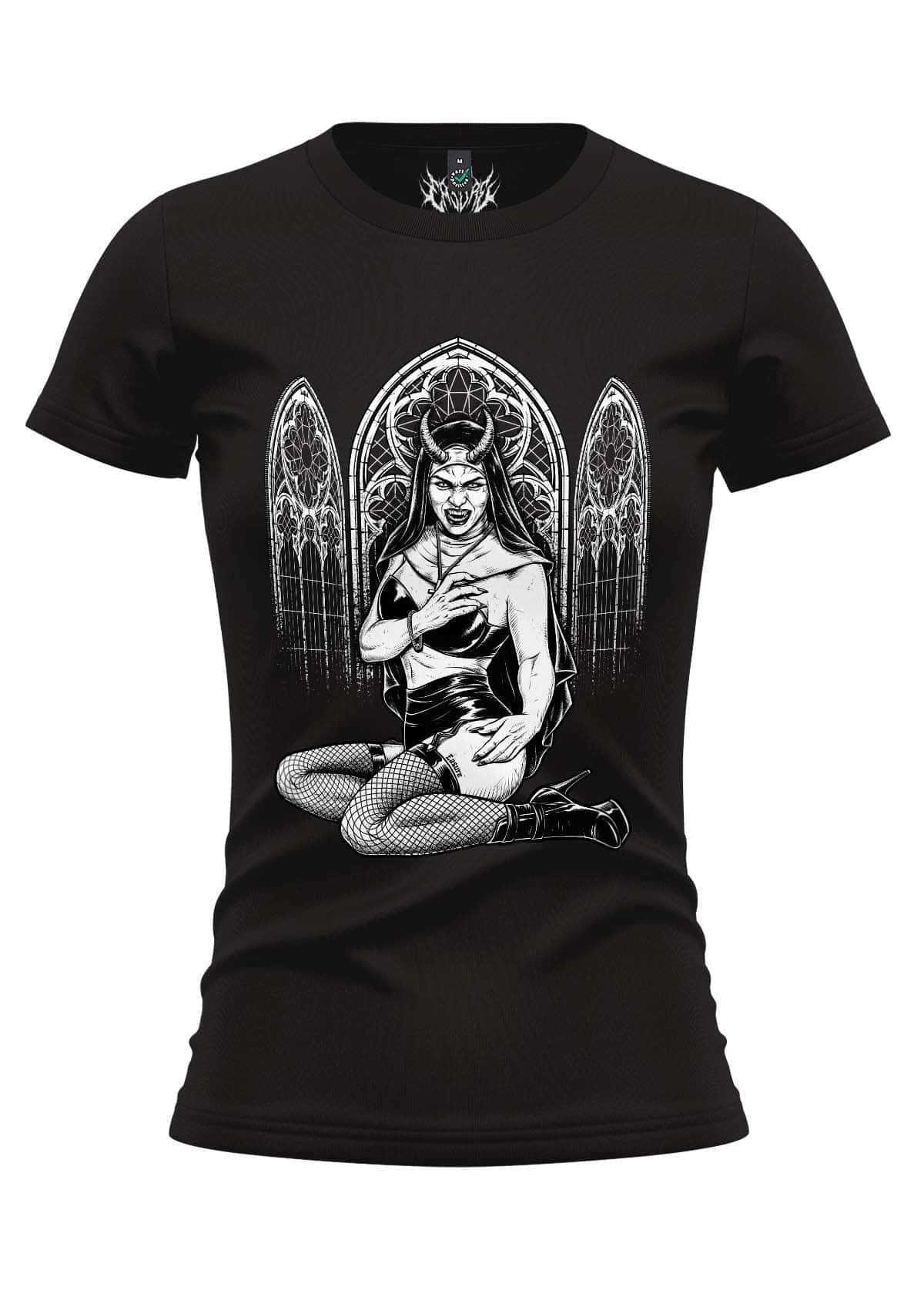 Schwarzes damen t shirt diabolo nun mit detailliertem schwarz weiß grafik eines engelsdämon mit demonen flügel vor gotischen fenstern