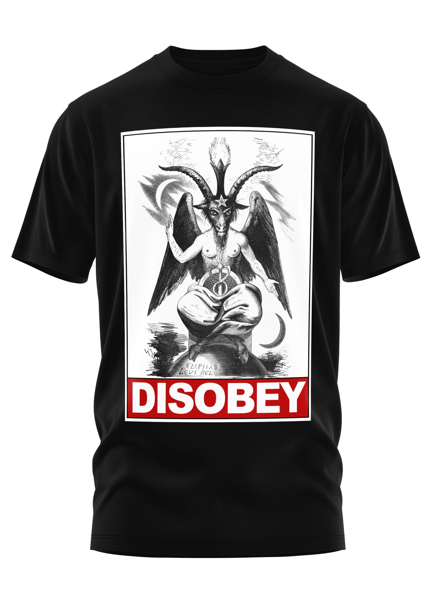 Schweres Unisex T-Shirt DISOBEY mit Baphomet-Motiv und rotem Disobey