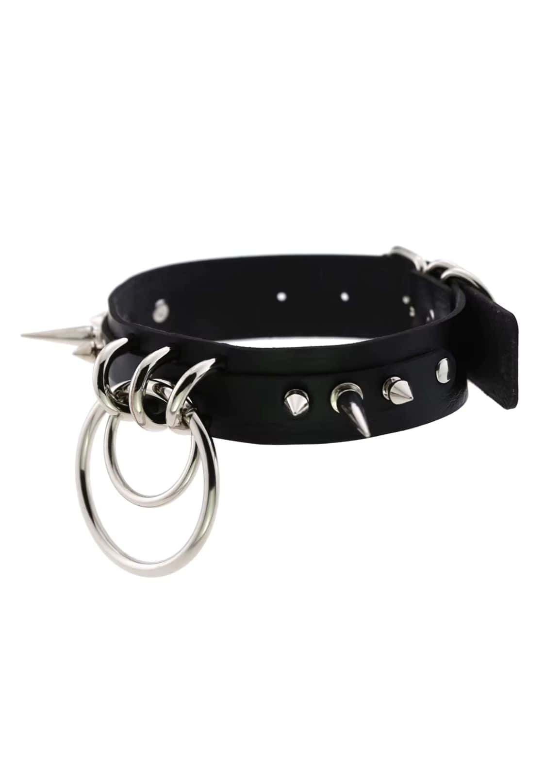 Schwarzes double slave choker mit silbernen ringen und stacheln aus leder für gothic und horror styles