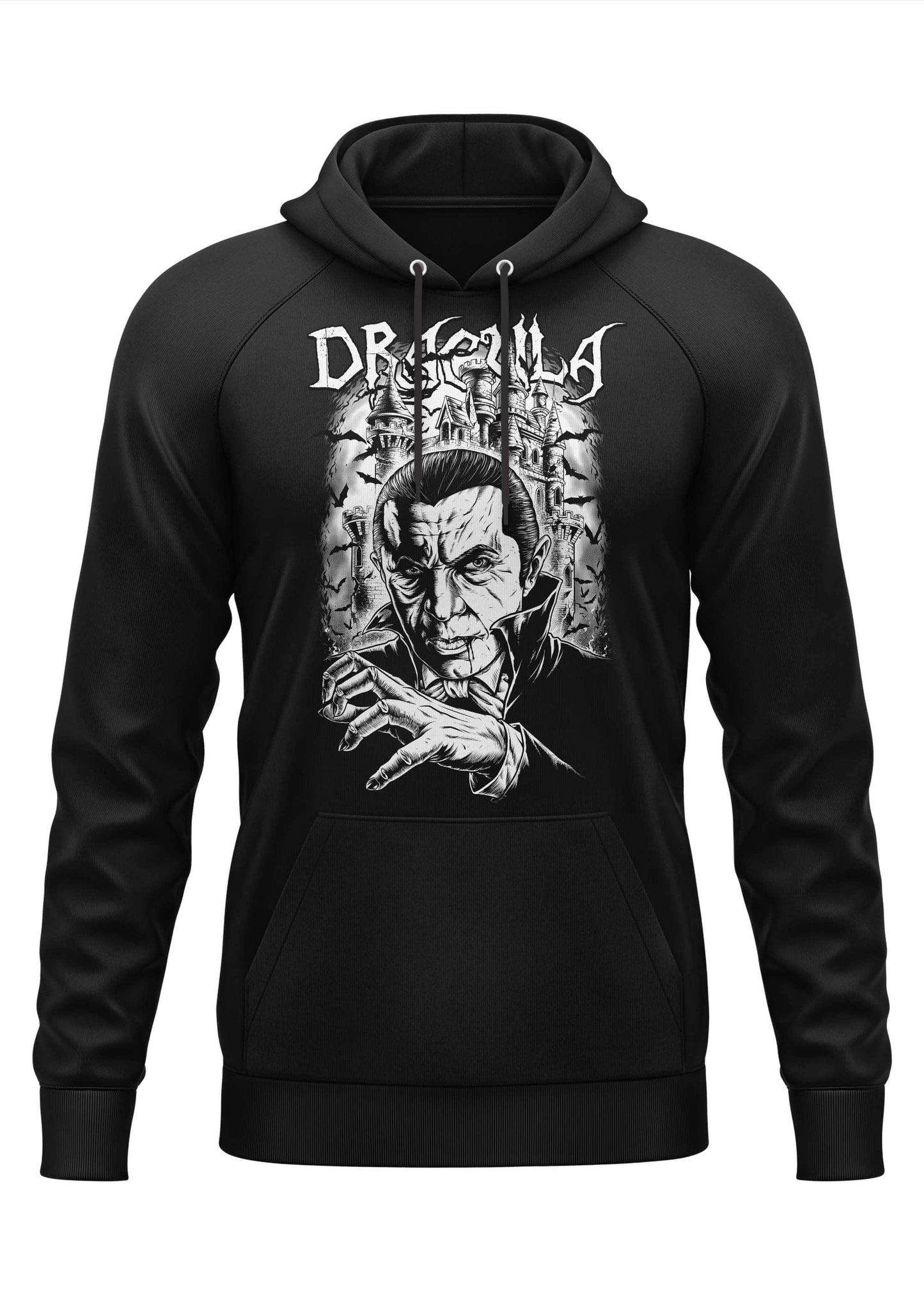 Schwarzer dracula hoodie mit detailliertem weißem gothic horror grafikdruck ideal für bitte fans