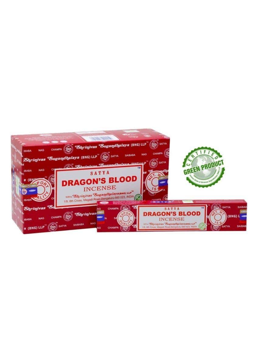 Rotes kartonverpackung von sattva dragon blood räucherstäbchen ideal für gothic und horror ambiente