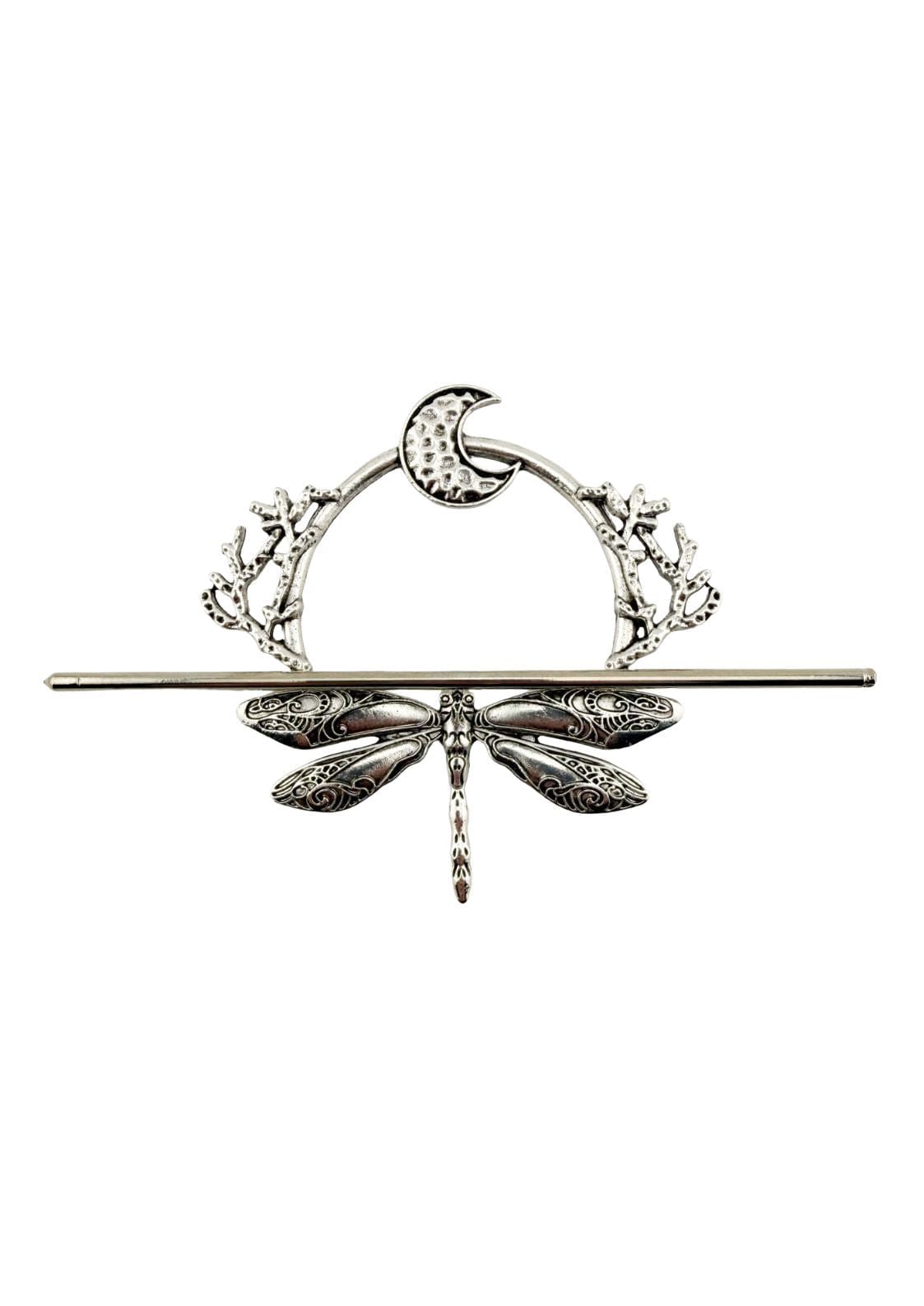Silberne Libellenschließe mit Mond- und Blumenakzenten.