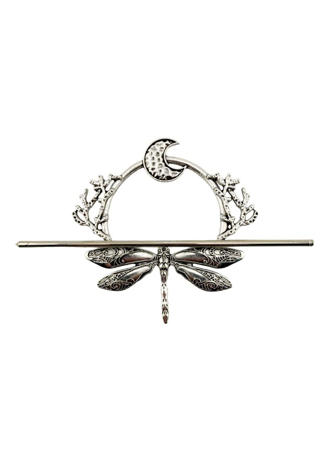 Silberne dragonfly haarnadel mit mond und floralen akzenten im gotischen stil für elegante mystische looks