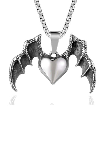 Silberne gothic halskette dragons heart mit herzanhänger und detailliertem drachenherz design aus texturierten flügeln