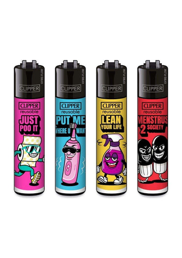 Vier bunte clipper feuerzeuge mit cartoonmotiv im drug store clipper feuerzeug set für gothic kleidung fans