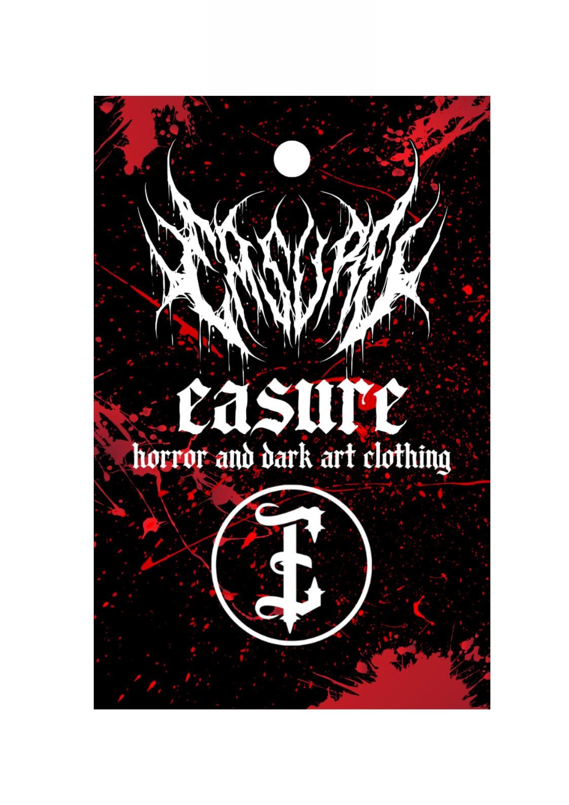 Schwarz-weißes Kleidungsetikett mit Blutspritzer-Motiv.