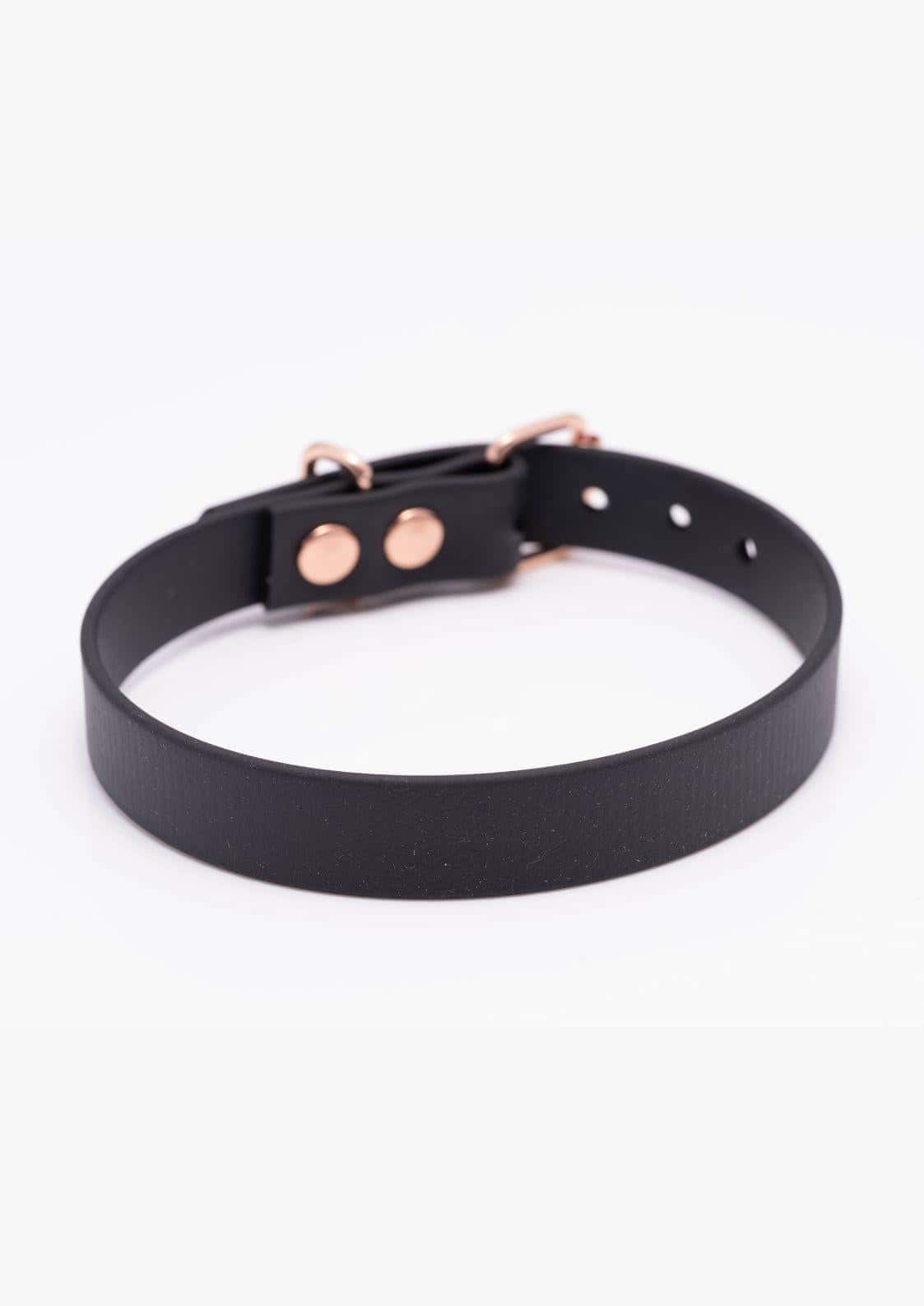 Detailbild der schwarzen Easure plain Chokers aus BioThane mit rosegoldedner Schnalle