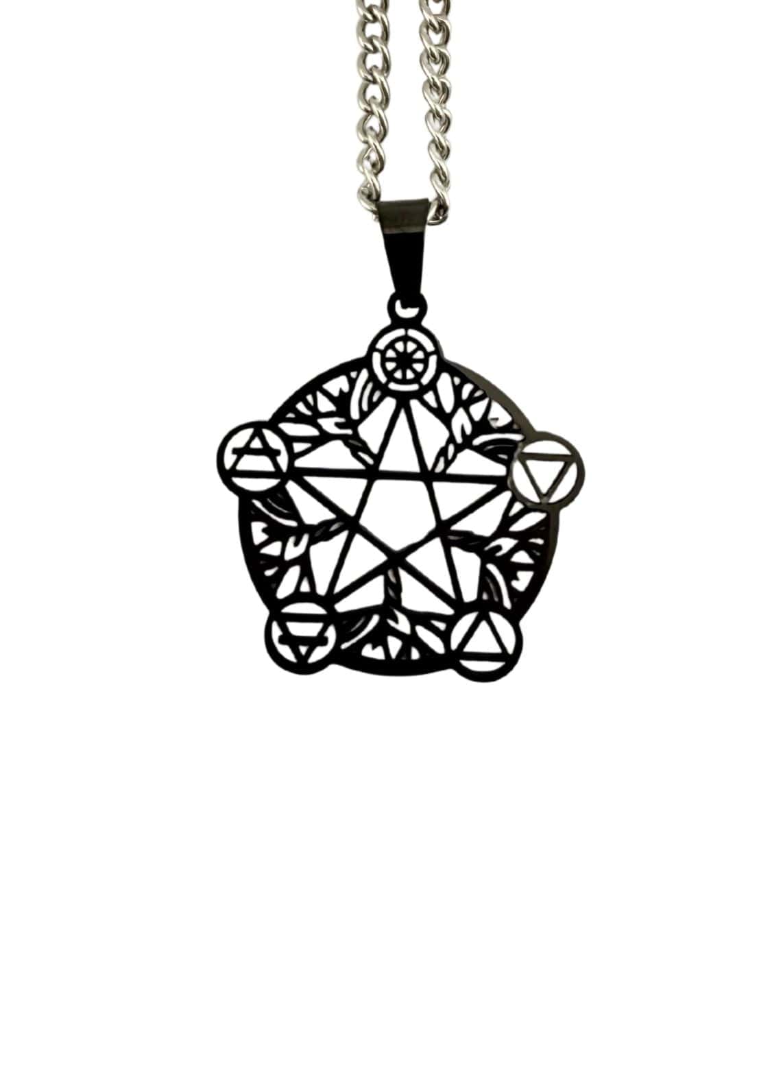 Schwarzes gothic metal pendel mit intricate elements pentagram design und silberner kette im artikel erklären