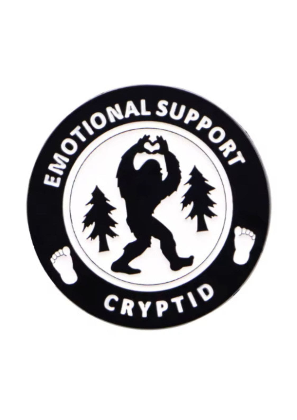 Rundes schwarz-weißes Abzeichen ’Emotional Support Cryptid’.