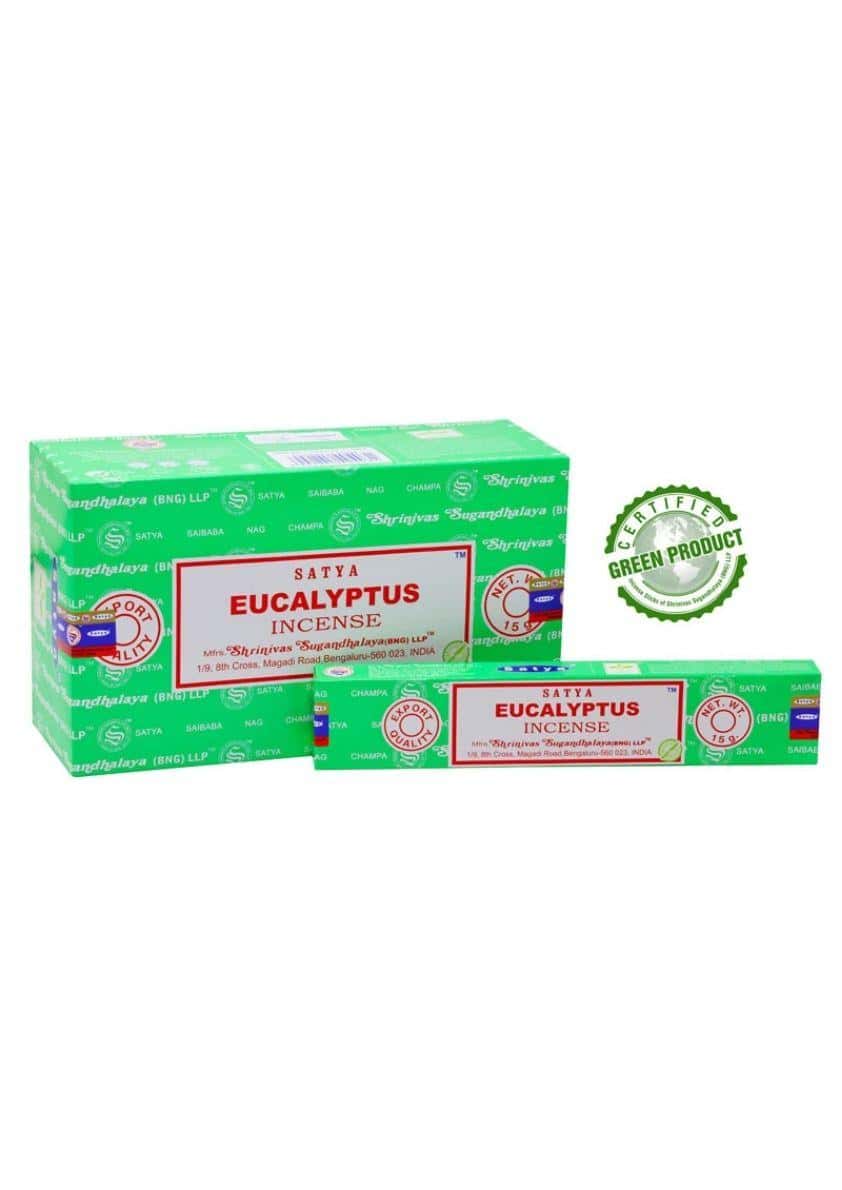 Eukalyptus satya räucherstäbchen in grüner verpackung ideal für gothic kleidung und horror ambiente