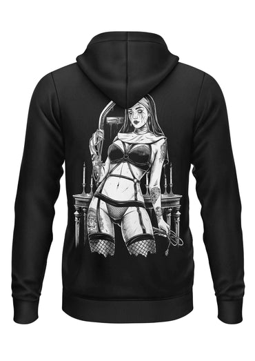 Schwarzer hoodie mit gothic horror backprint einer frau in lingerie und netzstrümpfen mit peitsche bitte design