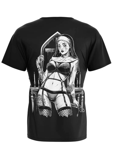 Schwarzes gothic t shirt mit detailliertem horror backprint einer tätowierten nonne in lingerie vor bogen
