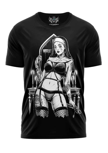 Schwarzes gothic t-shirt bitte mit detaillierter schwarz-weiß grafik einer horror-nenne in lingerie und netzstrümpfen