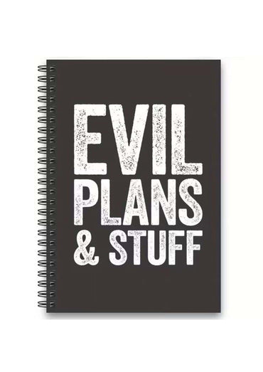 Schwarzes spiralgebundenes notizbuch evil plans & stuff mit weißem distressed schriftzug für gothic horror fans