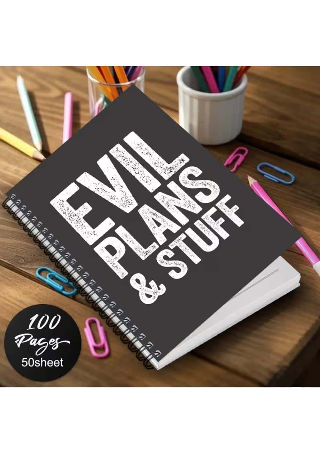 Schwarzes spiralblocknotizbuch evil plans & stuff mit weißem distressed text und 100 seiten, ideal für gothic horror fans