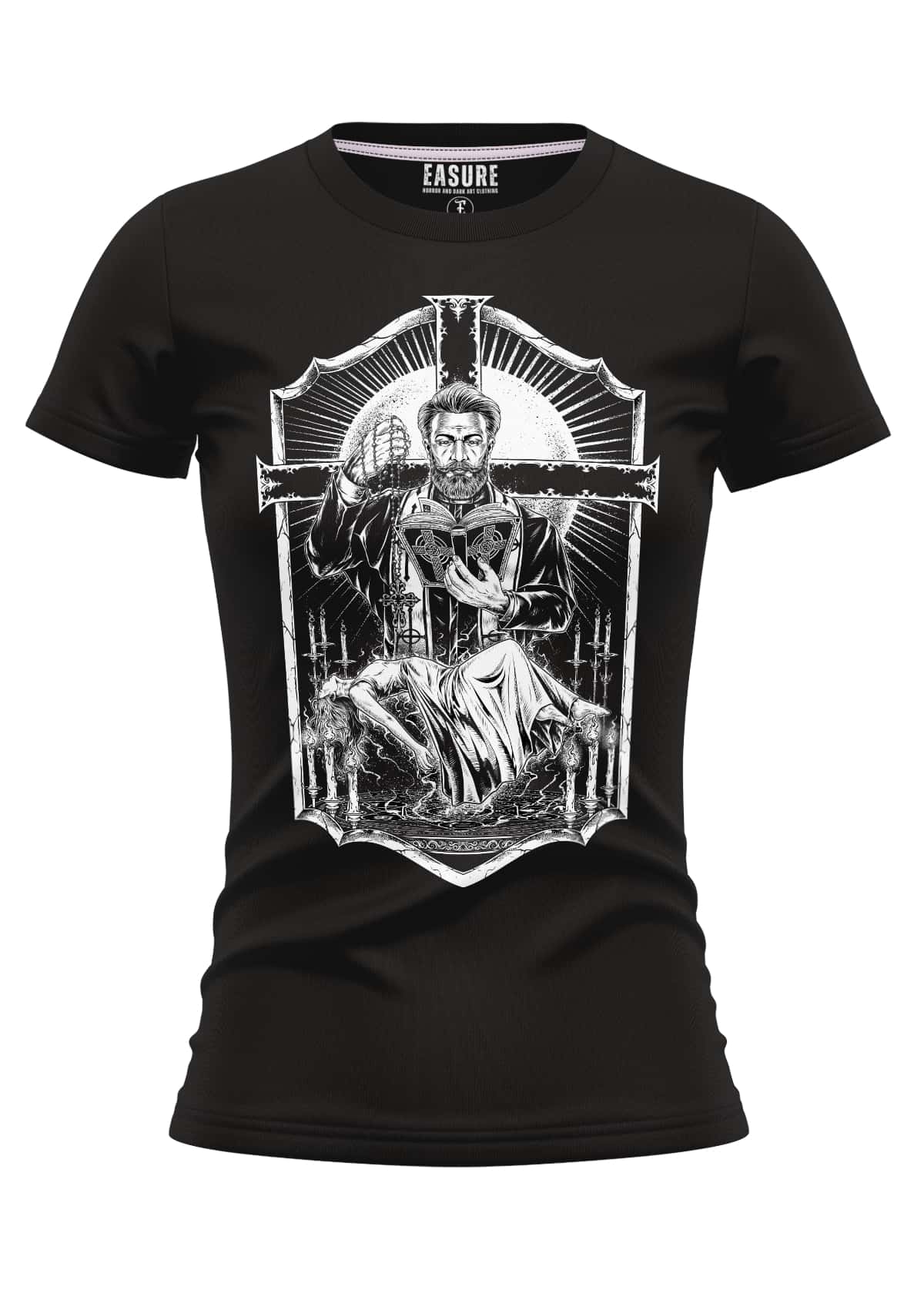 Schwarzes girlie t-shirt exorcism mit weißem detailreichem graphic print aus strapazierfähigem stoff und weicher qualität