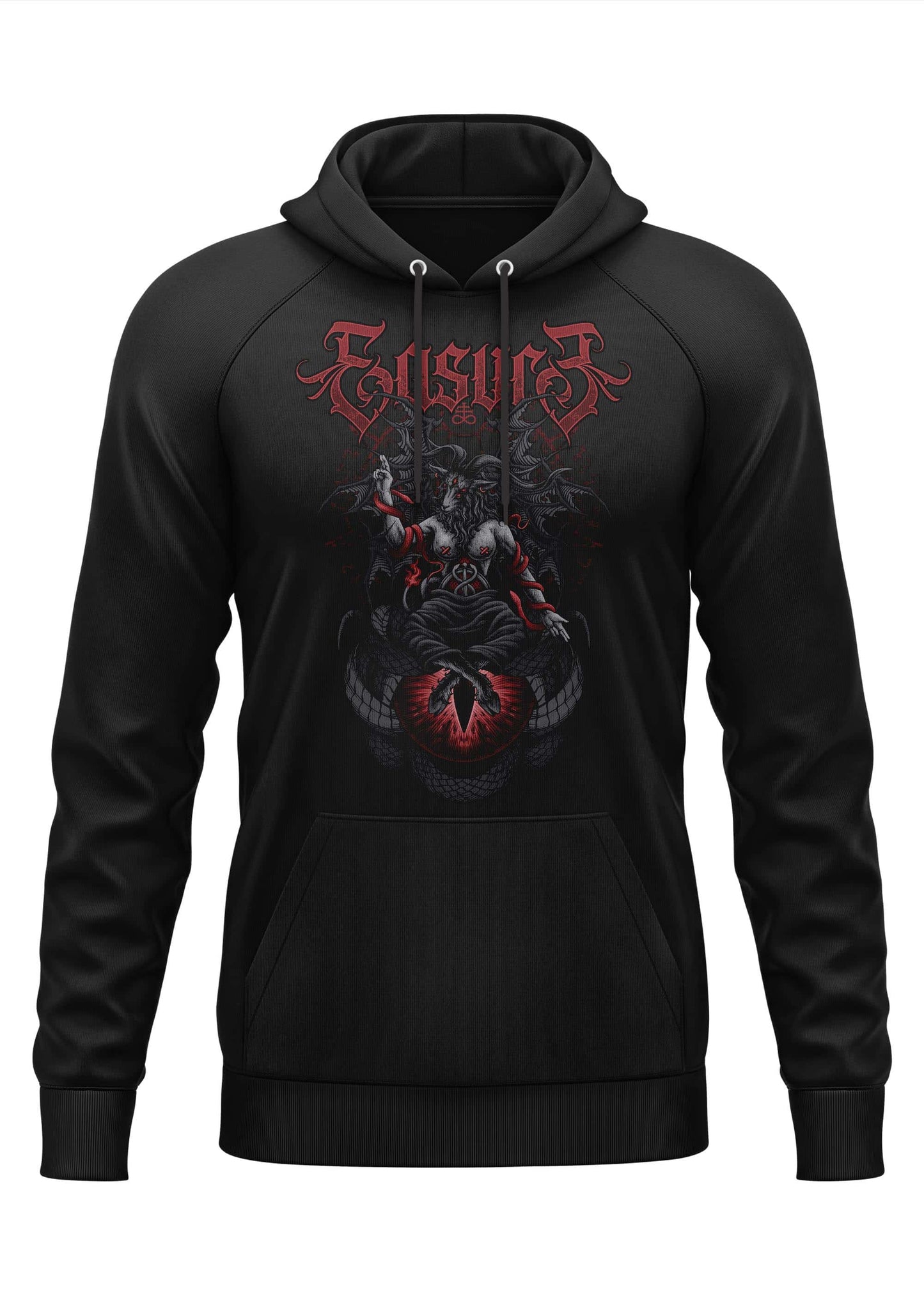 Schwarzer hoodie mit gothic horror grafik eines roten und grauen dämonen und dem schriftzug eisuro