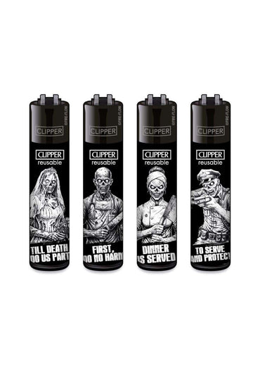 Vier schwarze clipper wiederverwendbare feuerzeuge mit weißen zombie-motiven im gothic horror stil ffx dead society set