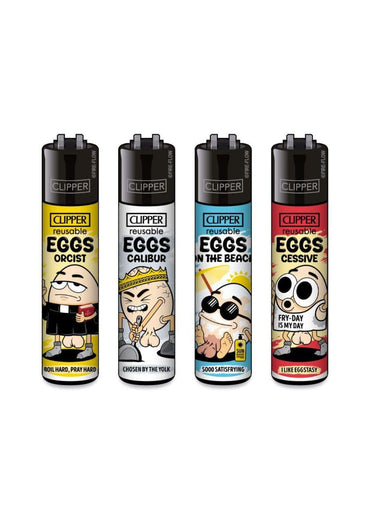 Vier bunte clipper feuerzeuge mit cartoon-eier charaktern im ffx eggs files set passend zu gothic und dark fashion