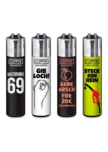 Vier clipper feuerzeuge mit metallischem oberteil in schwarz und leuchtendem grün mit bold text für gothic kleidung