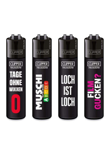 Schwarze clipper wiederverwendbare feuerzeuge mit bunten text designs im ffx sex sprüche set für gothic kleidung fans