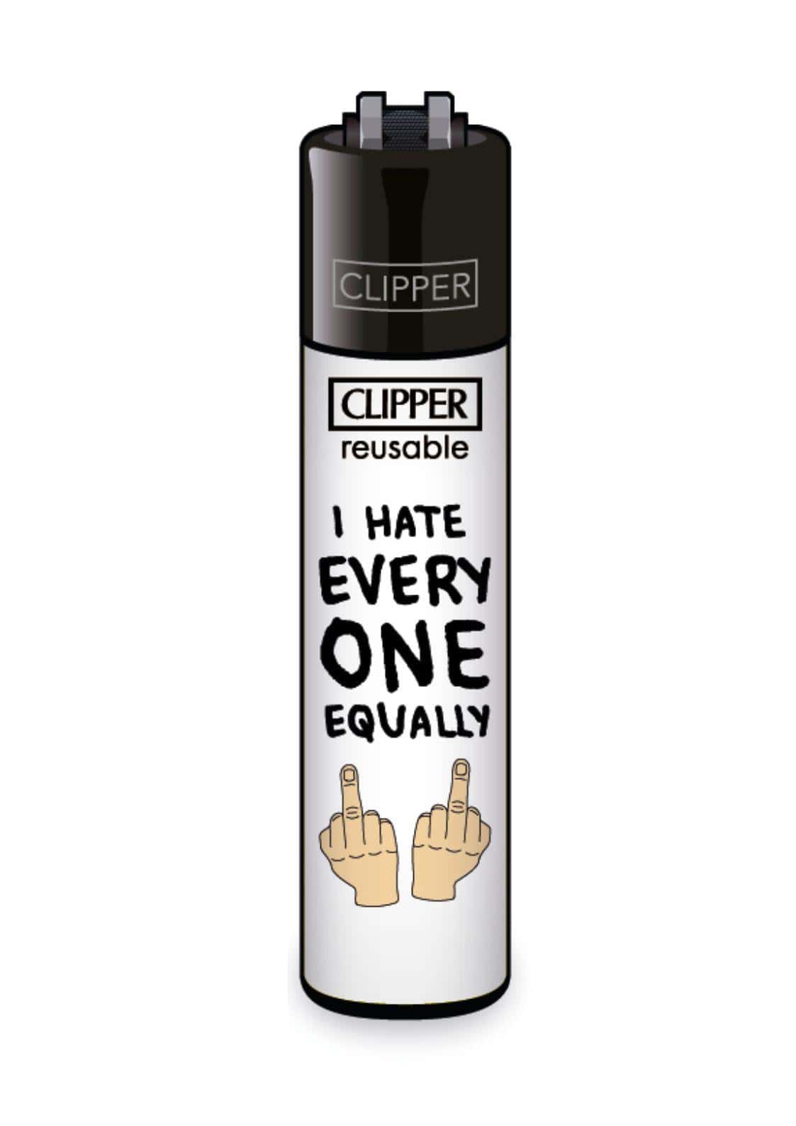 Schwarzweißes clipper feuerzeug mit dem schriftzug i hate every one equally und cartoon händen im gothic horror stil