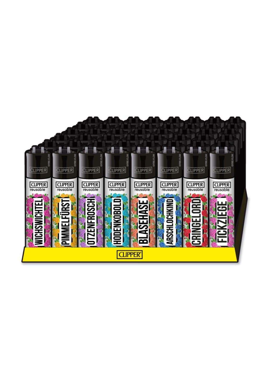 Fickziege clipper feuerzeug nachfüllbar mit bunten floraldesigns und schwarzen kappen ideal für gothic und dark fashion fans
