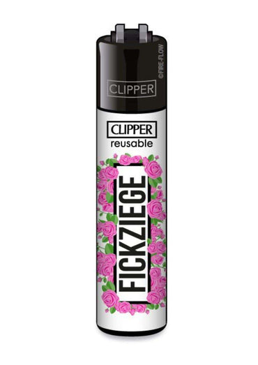 Fickziege clipper feuerzeug nachfüllbar mit rosa rosenmuster schwarz silber für gothic horror dark fashion fans
