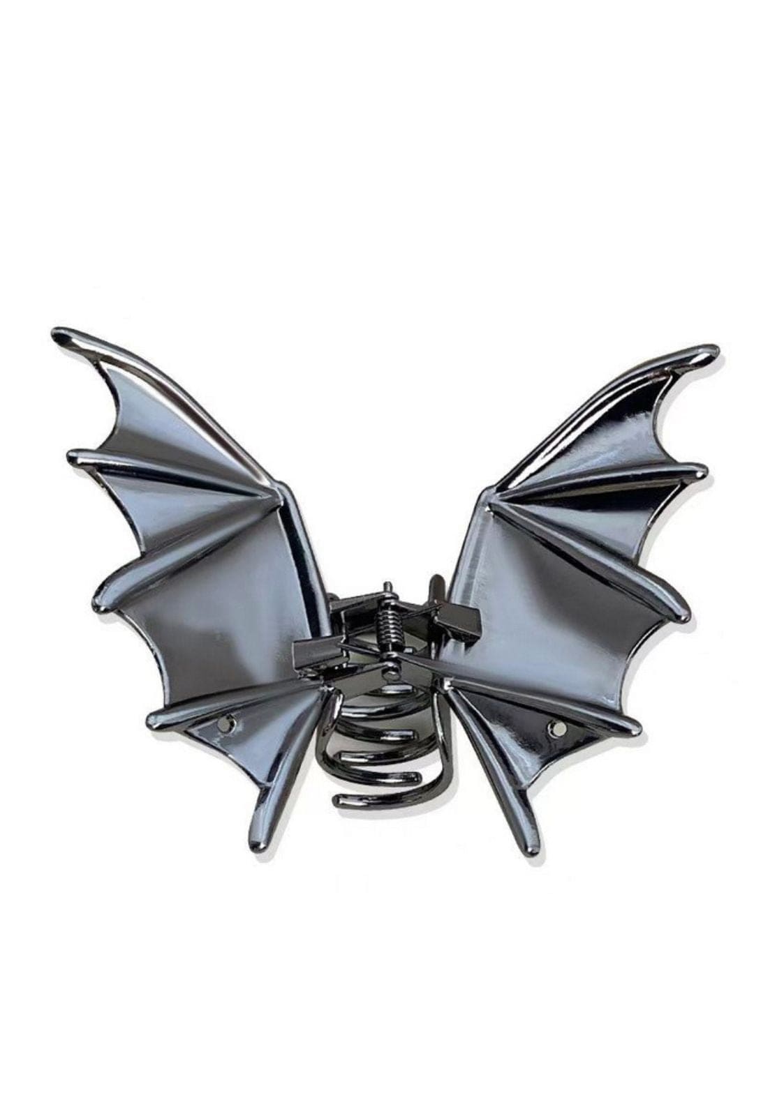 Fledermausflügel-Haarspange mit metallischen silbernen Flügeln und schwarzen Akzenten, konzipiert für Halloween oder Kostümzubehör.