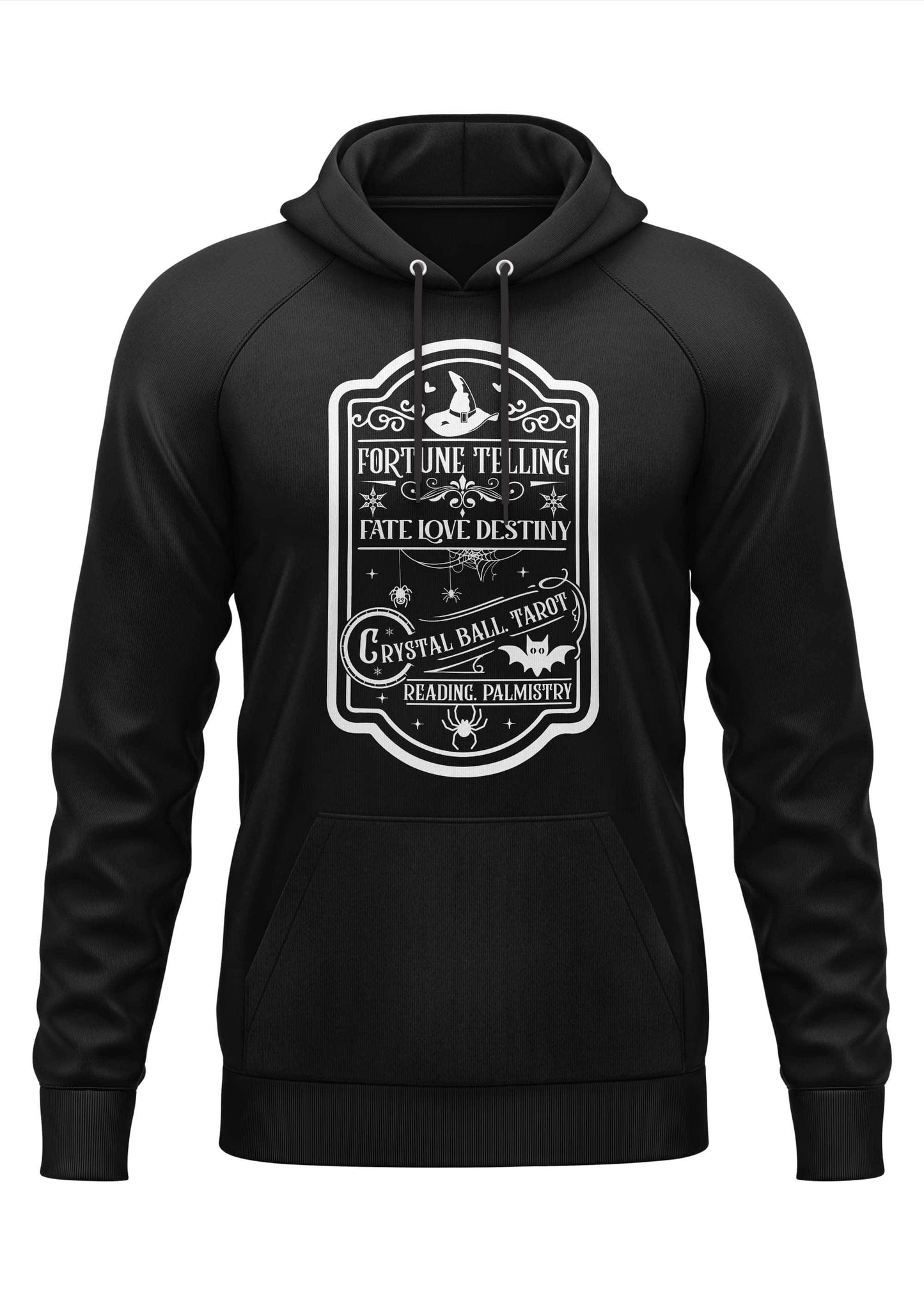 Schwarzer hoodie mit weißem grafikdesign zu fortune telling themen wie kristallkugel tarot und chiromantie bitte gothic horror