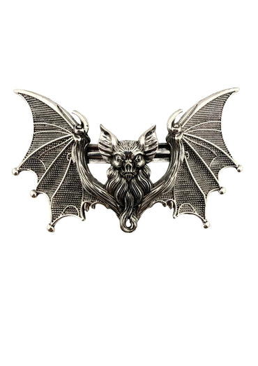 Silberfarbene gargoyle bat haarklammer mit detaillierten flügeln und bärtigem gesicht aus metall