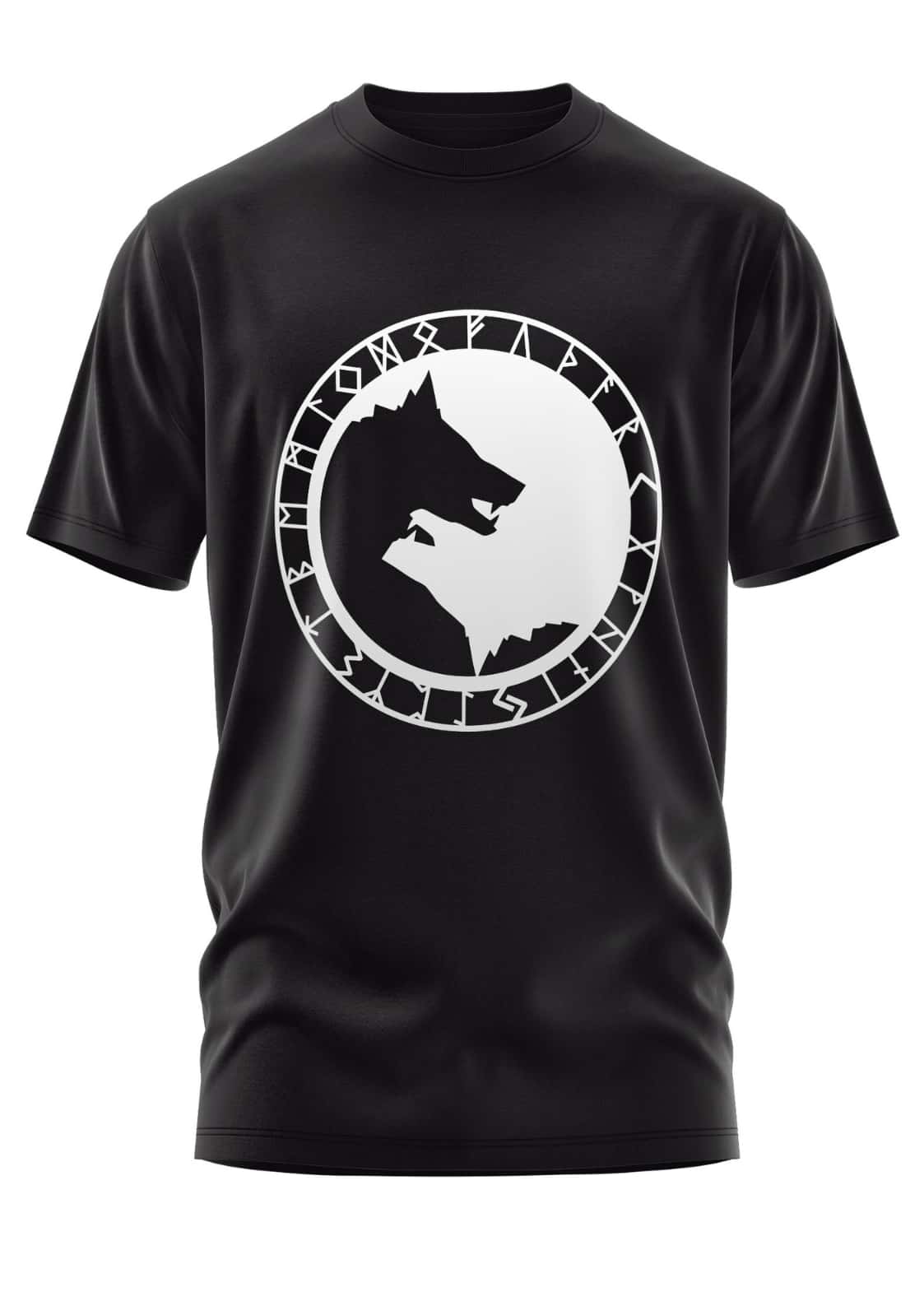 Schwarzes gothic shirt mit weißen wolfssilhouetten und runen im kreis design bei geri und freki wotan