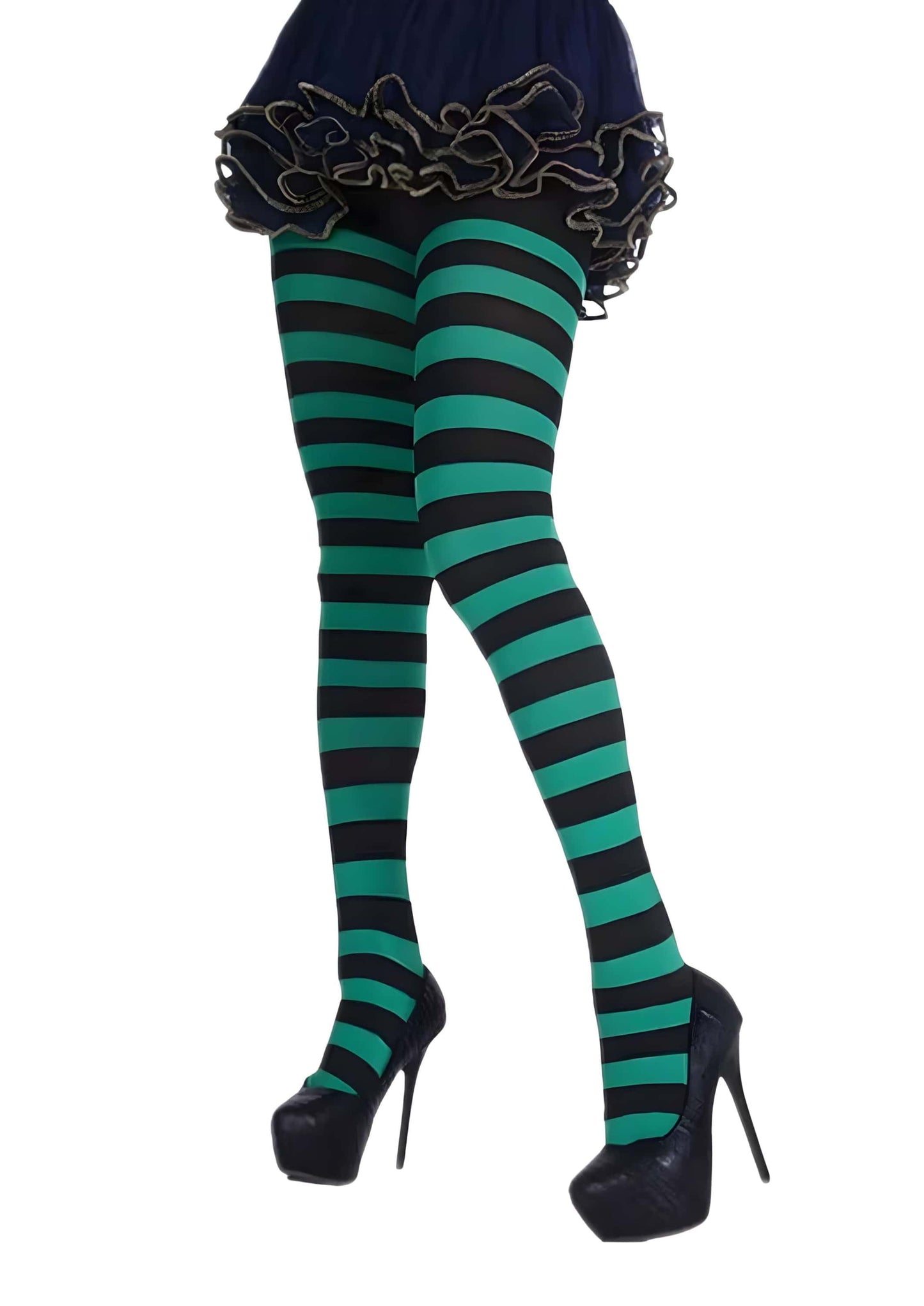 Gestreifte strumpfhose schwarz grün mit elastischem nylon in teal und schwarz und rüschensaum gothic strumpfhose