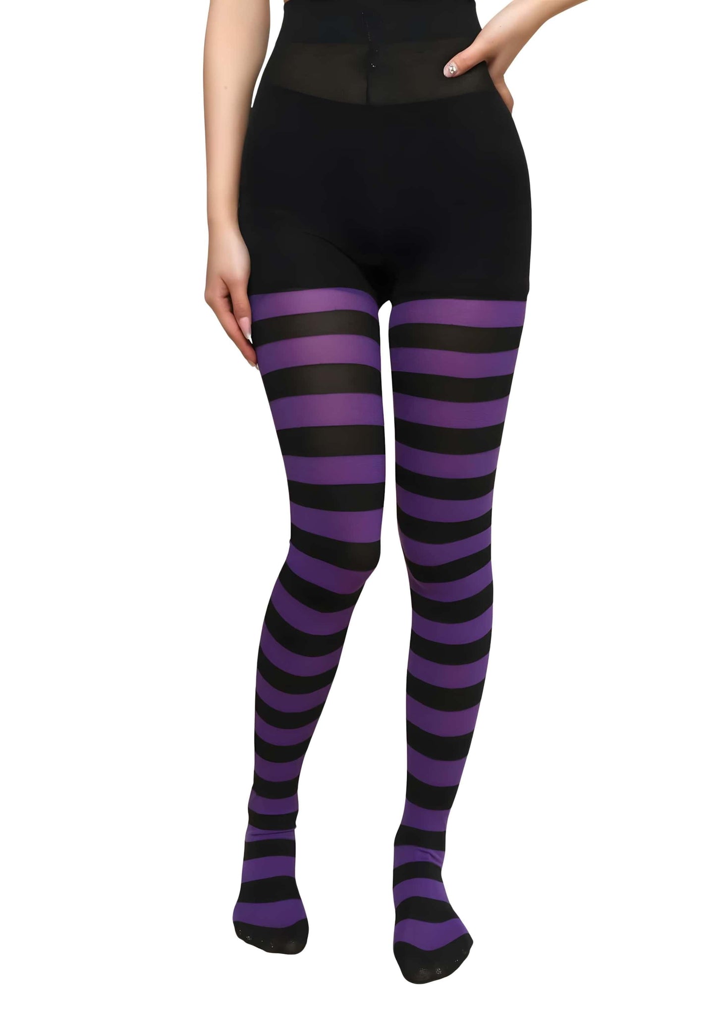 Gestreifte gothic strumpfhose in schwarz und lila mit sheerem mesh-bund für dark fashion looks