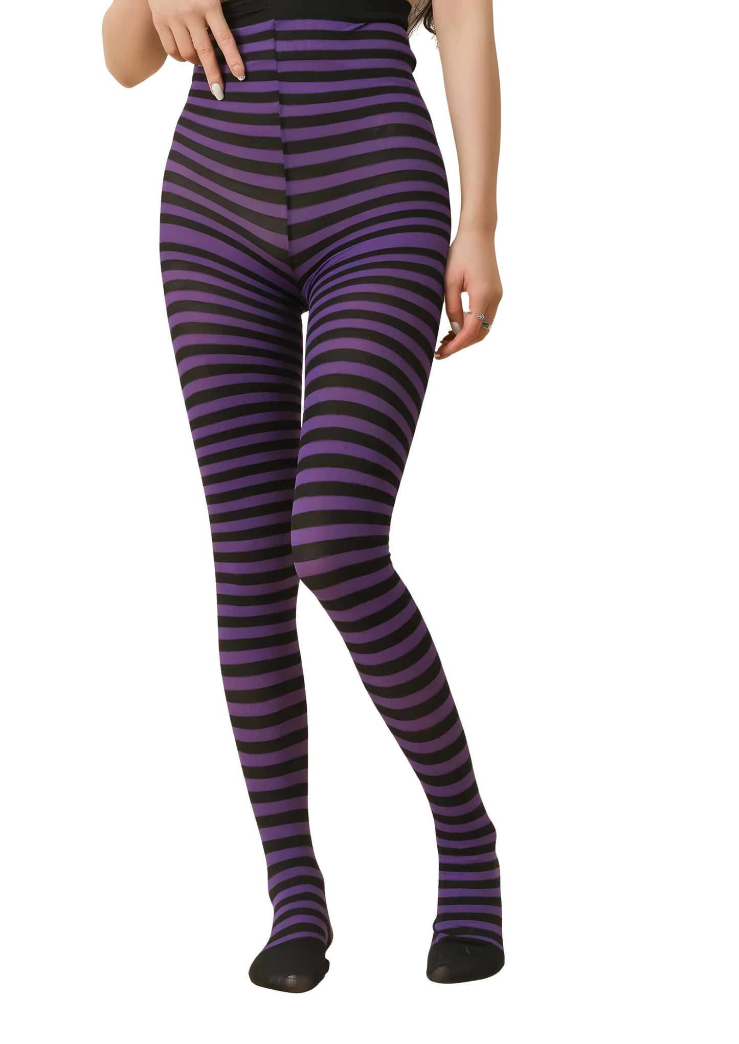 Schwarz-lila gestreifte strumpfhose mit hohem bund in zebra design ideal als gothic strumpfhose mit hohem tragekomfort