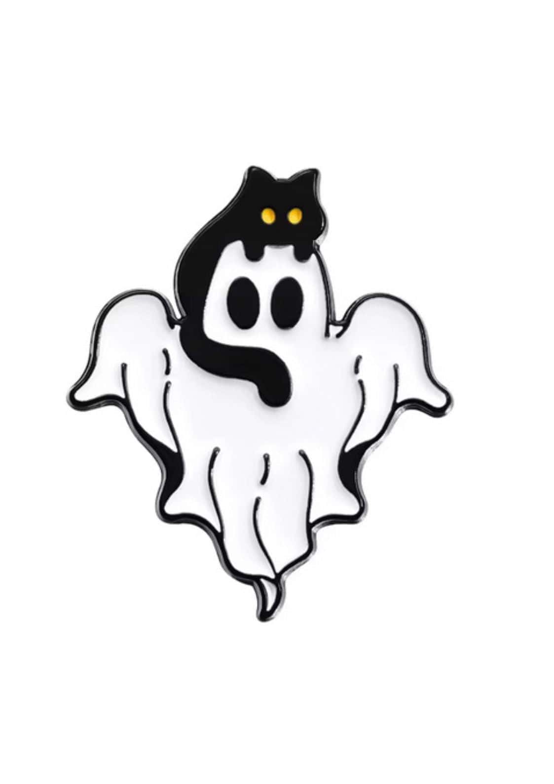 Black ghost cat enamel pin with gothic horror design perfect for collectors and fans of spooky accessories